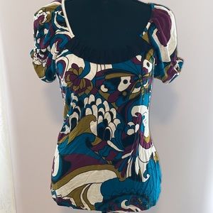 Multicolored Abstract Butterfly Patterned Short Sleeve Top Art to Wear